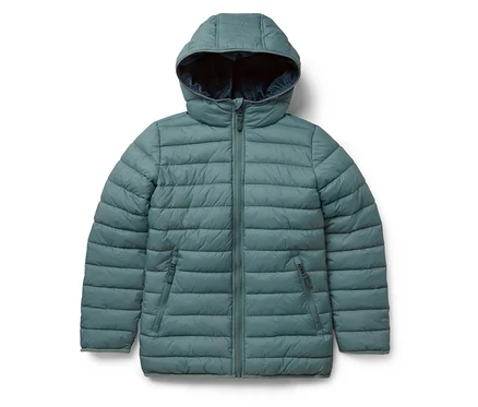 Blaugrüne 2-in-1-Kinder-Softshell- und Steppjacke mit Kapuze und Reißverschluss.