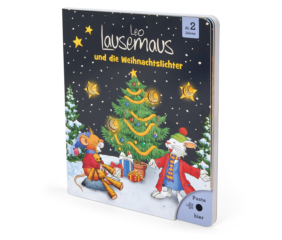 Illustration eines Kinderbuchs mit einer Maus und einem Hasen an einem Weihnachtsbaum.