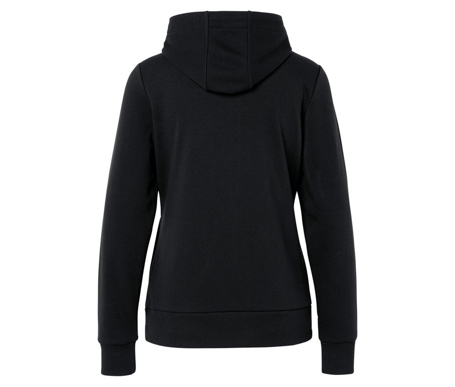 Rückansicht eines schwarzen Kapuzenpullovers.