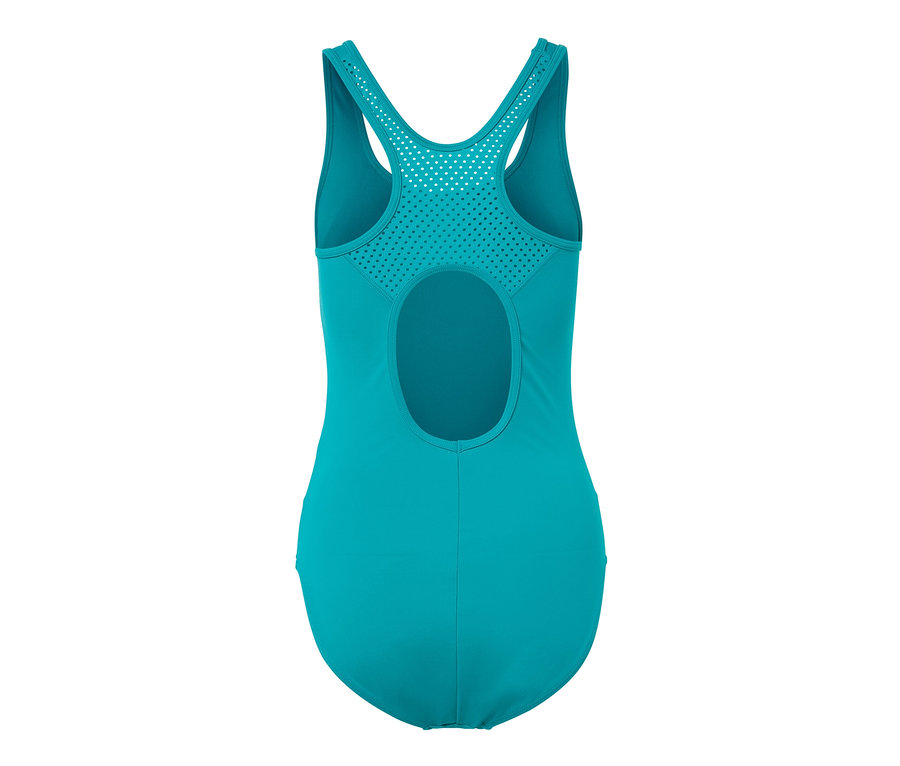 Türkiser Sport-Badeanzug mit ausgeschnittenem Rücken und Mesh-Einsatz.