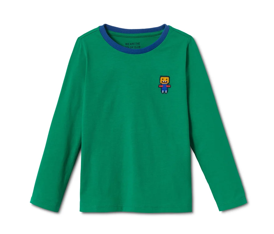 Grünes Langarmshirt mit blauem Saum und Comicfigur.