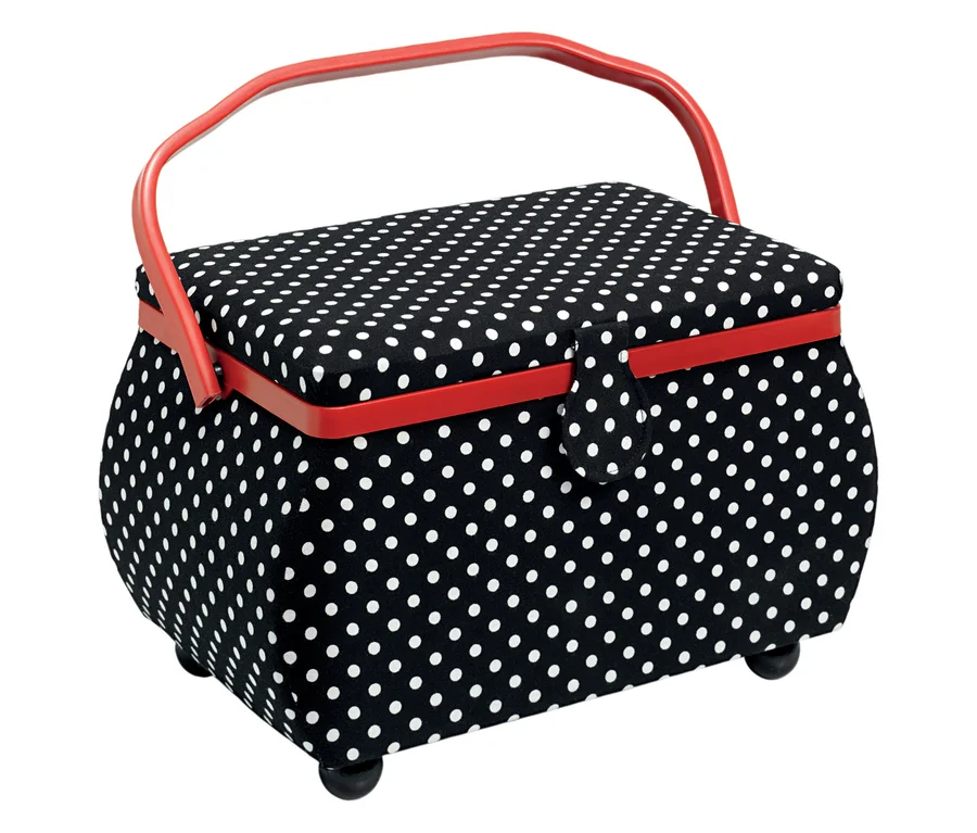 Ein Prym Nähkorb »Polka Dots« in Schwarz-Weiß mit rotem Griff.