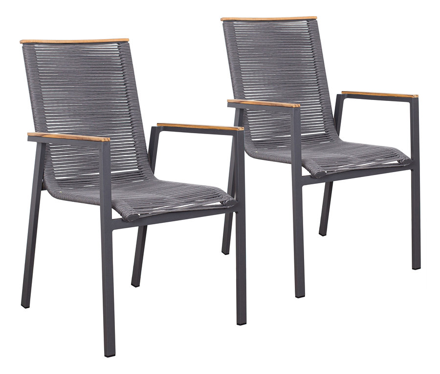 Zwei graue Stühle mit Holzarmlehnen und Seilbespannung.