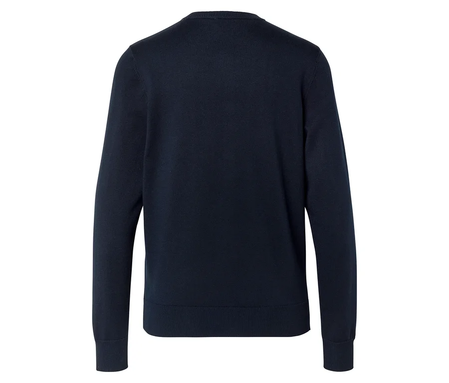 Rückansicht eines marineblauen Strickpullovers mit langen Ärmeln und Rundhalsausschnitt.