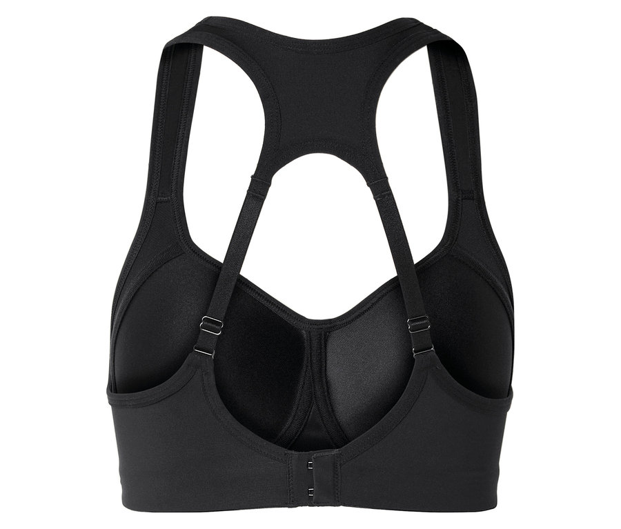 Rückansicht eines schwarzen Sport-BHs mit verstellbaren Trägern und Hakenverschluss.