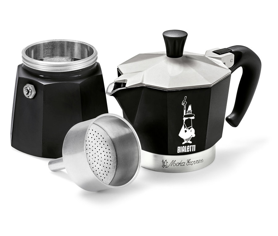 Eine Bialetti Moka Express Kaffeemaschine in Schwarz und Silber, zerlegt in drei Teile.
