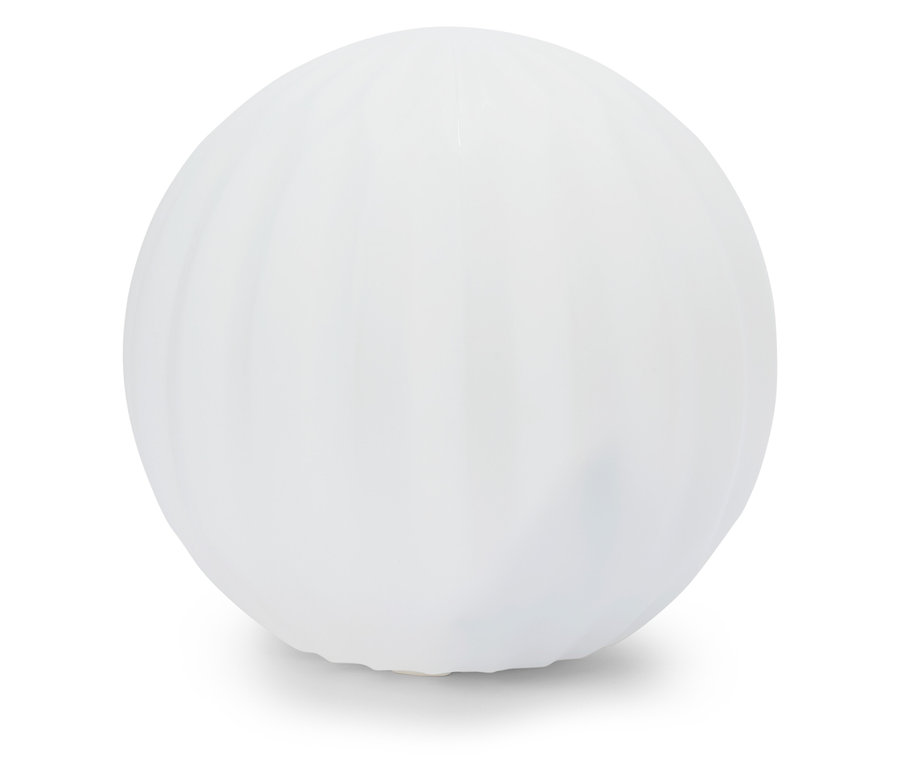 Weiße Kugel mit vertikalen Rillen.