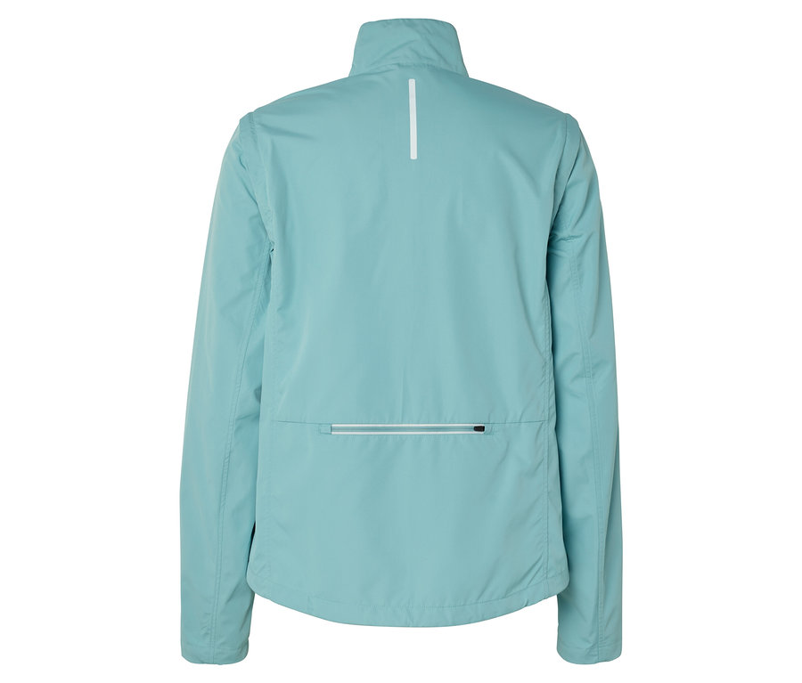 Rückansicht einer helltürkisfarbenen Jacke mit durchgehendem Reißverschluss und reflektierendem Streifen.