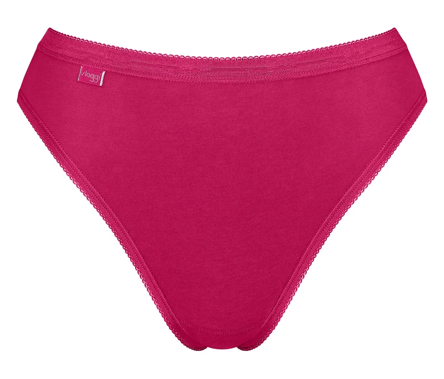 Ein leuchtend pinker High-Cut-Slip mit gewelltem Rand und einem kleinen weißen Markenetikett an der linken Hüfte.