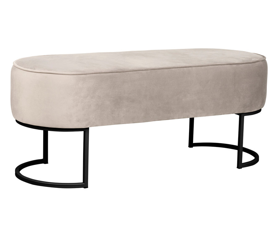Beige, längliche Sitzbank mit schwarzem Metallgestell.