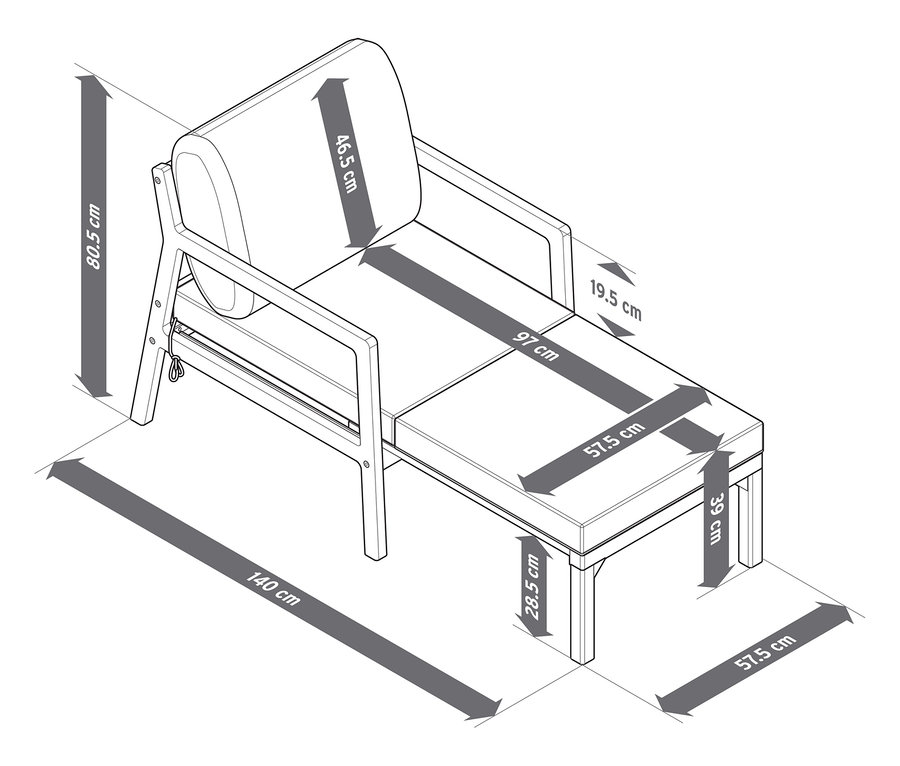 Detaillierte Maße des ausziehbaren Gartensessels sind dargestellt.