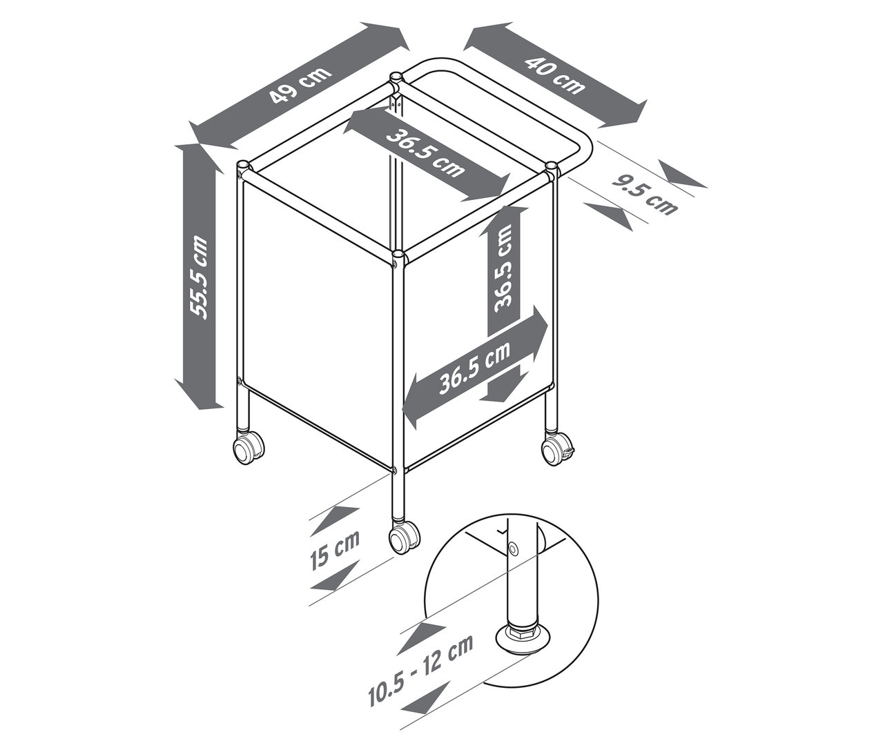 Abbildung eines Beistellwagens Metall »CN3 Kids« mit Rollen und Maßangaben.