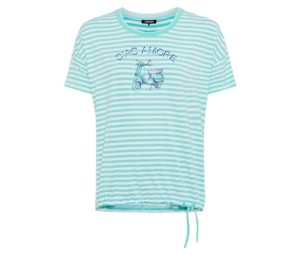 Ein gestreiftes, hellblaues T-Shirt mit einem Vespa-Aufdruck und dem Schriftzug 'Ciao Amore'.