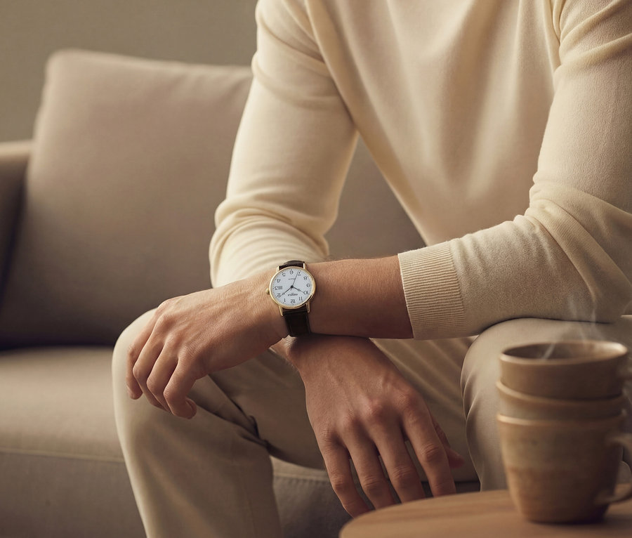 Mann sitzt auf Couch, trägt goldene Uhr mit schwarzem Lederarmband. Zwei Tassen stehen auf einem Tisch.