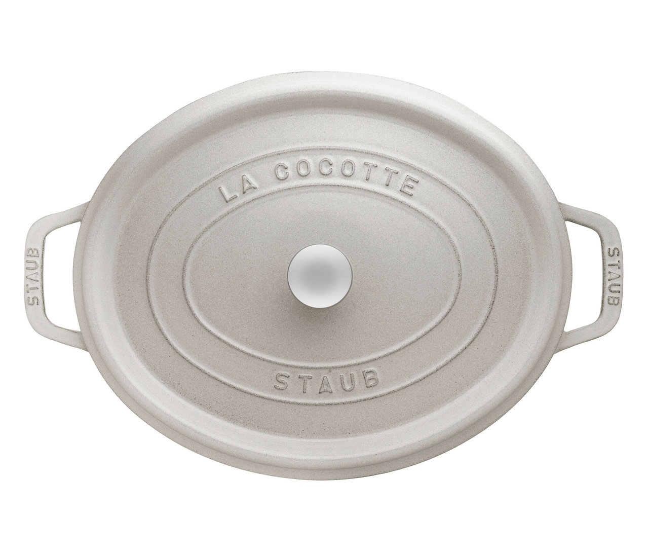 Draufsicht auf einen weißen, ovalen STAUB Bräter »Cocotte« mit Deckel.