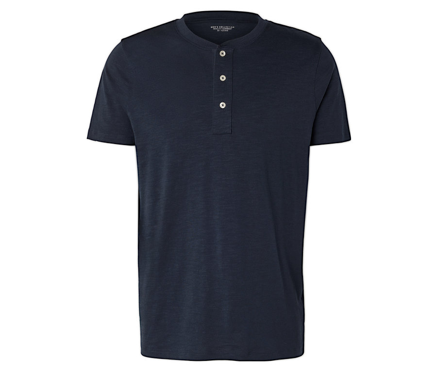 Marineblaues T-Shirt mit Knopfleiste.