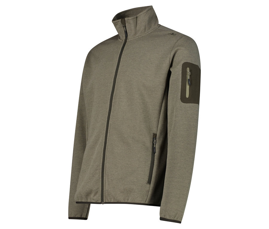 Eine olivgrüne Fleecejacke mit durchgehendem Reißverschluss und Taschen.