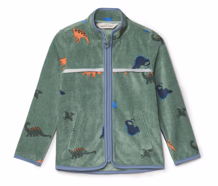 Grüne Fleecejacke mit Reißverschluss und Dinosaurier-Muster, eingefasst mit hellblauem Stoff.