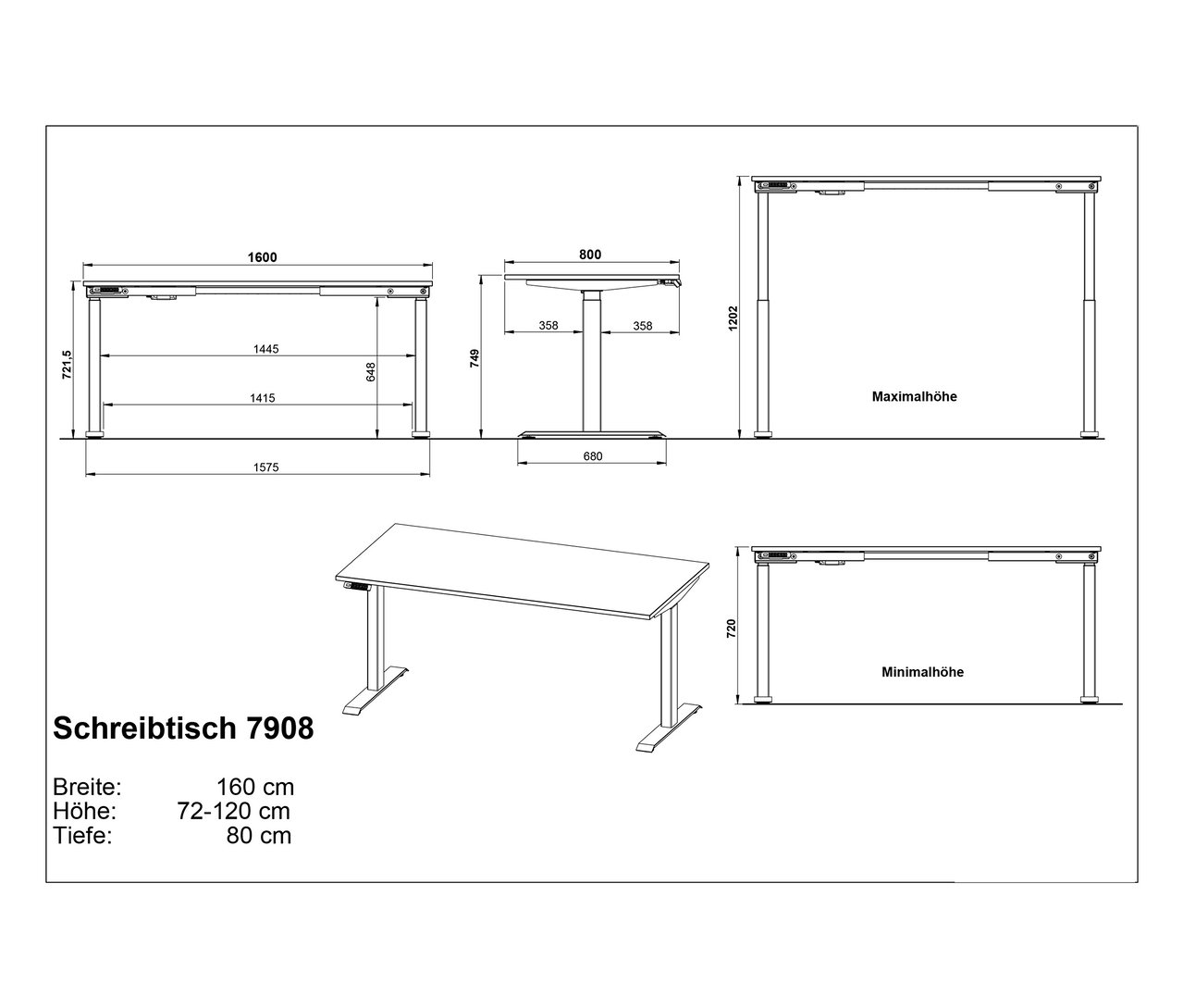 Technische Zeichnung eines elektrisch höhenverstellbaren Schreibtisches, Breite ca. 160 cm, mit Maßangaben.