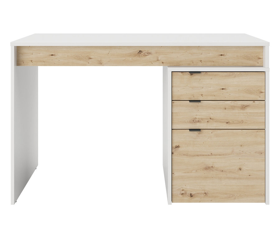 Ein Schreibtisch in Weiß und Holzoptik mit drei Schubladen.