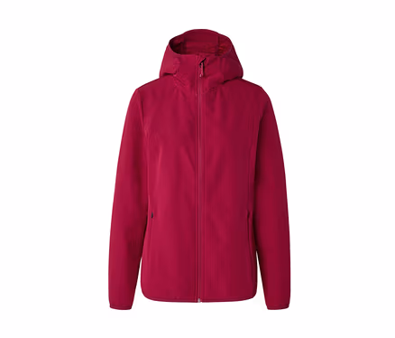 Magenta Softshelljacke mit Kapuze, durchgehendem Reißverschluss und Seitentaschen.