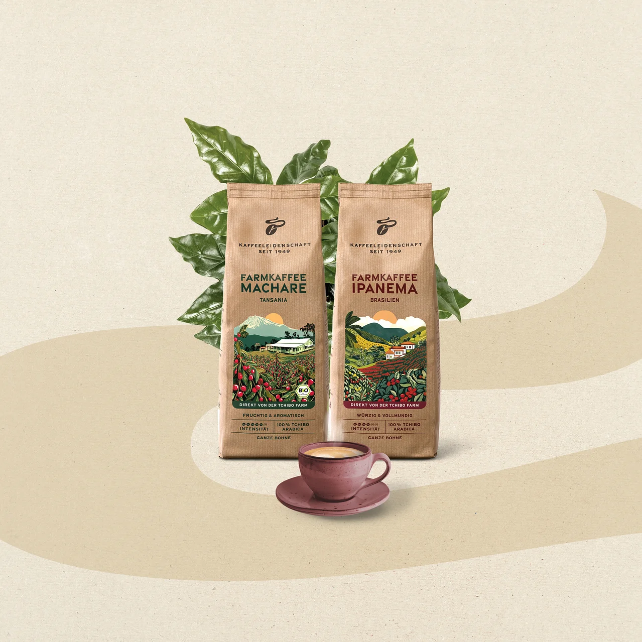 Zwei braune Kaffeepackungen, "Farmkaffee Machare Tansania" (fruchtig & aromatisch) und "Farmkaffee Ipanema Brasilien" (würzig & vollmundig), stehen vor grünen Kaffeeblättern. Davor steht eine dunkelrosa Tasse mit Kaffee auf einer Untertasse.