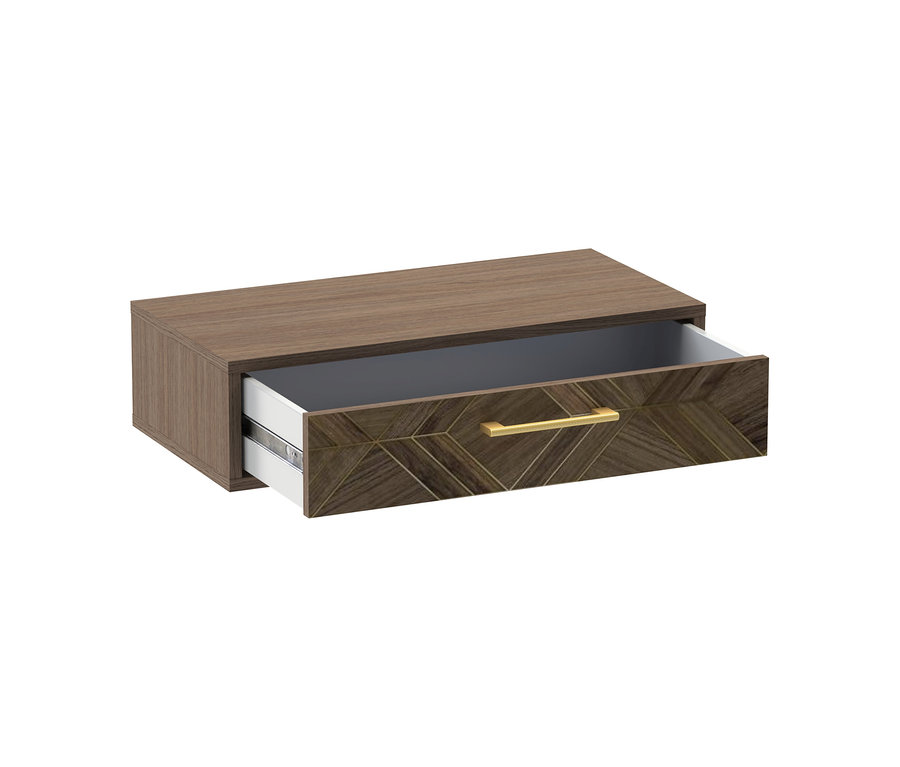 Hängekonsole »Glenn« aus braunem Holz mit geöffneter Schublade, deren Front ein geometrisches Muster und einen goldenen Griff zeigt.
