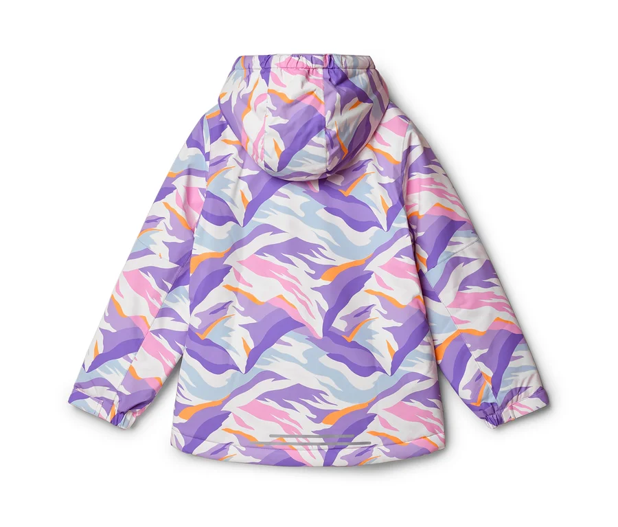 Rückansicht einer Kapuzenjacke mit abstraktem Muster in Weiß, Lila, Hellblau, Pink und Orange. Elastische Bündchen und ein reflektierender Streifen am unteren Saum.
