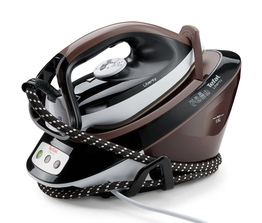 Braune Dampfbügelstation TEFAL LIBERTY SV7040 auf weißem Hintergrund.
