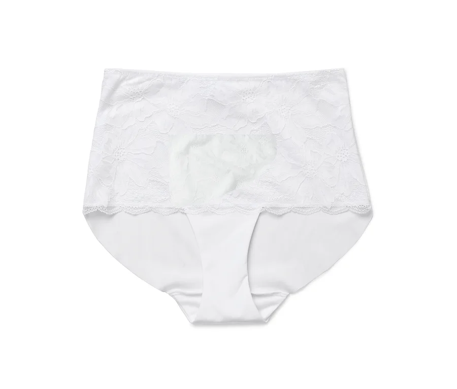 Weißer Damen-Slip mit hoher Taille und floraler Spitze.