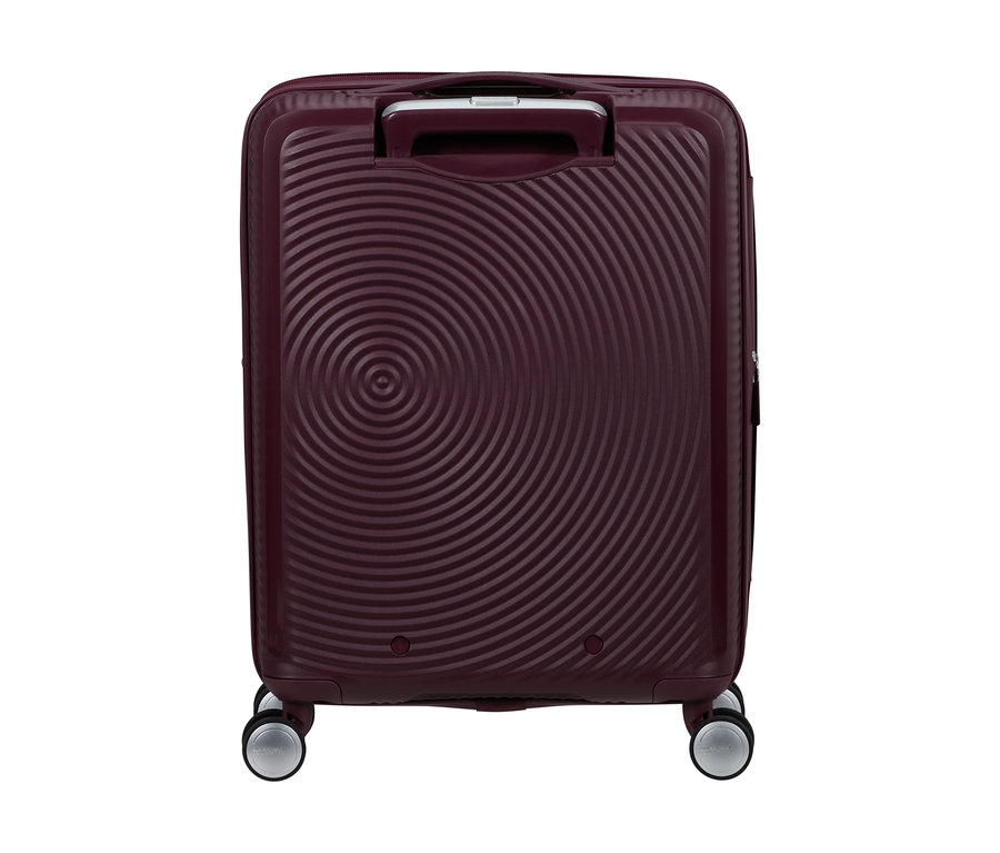 American Tourister Hartschalen-Koffer »Soundbox« Spinner, klein, in Wildkirschrot, mit konzentrischen Kreisen und vier Rollen.