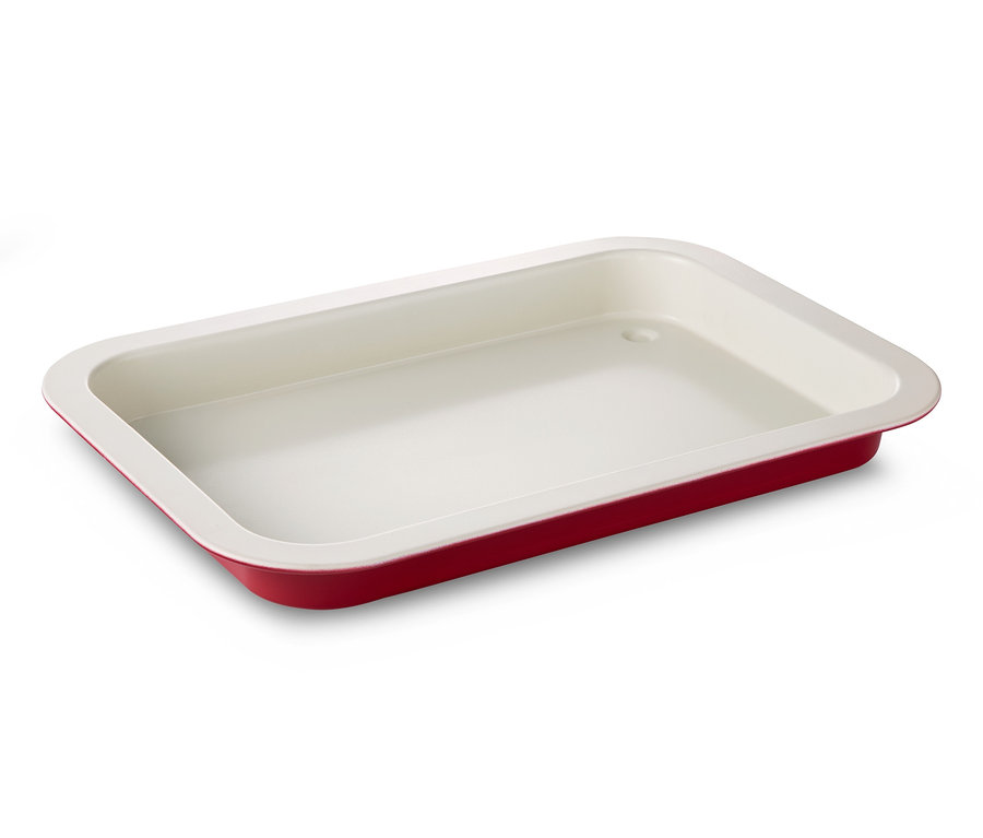 Rotes und weißes Backblech mit Transporthaube.
