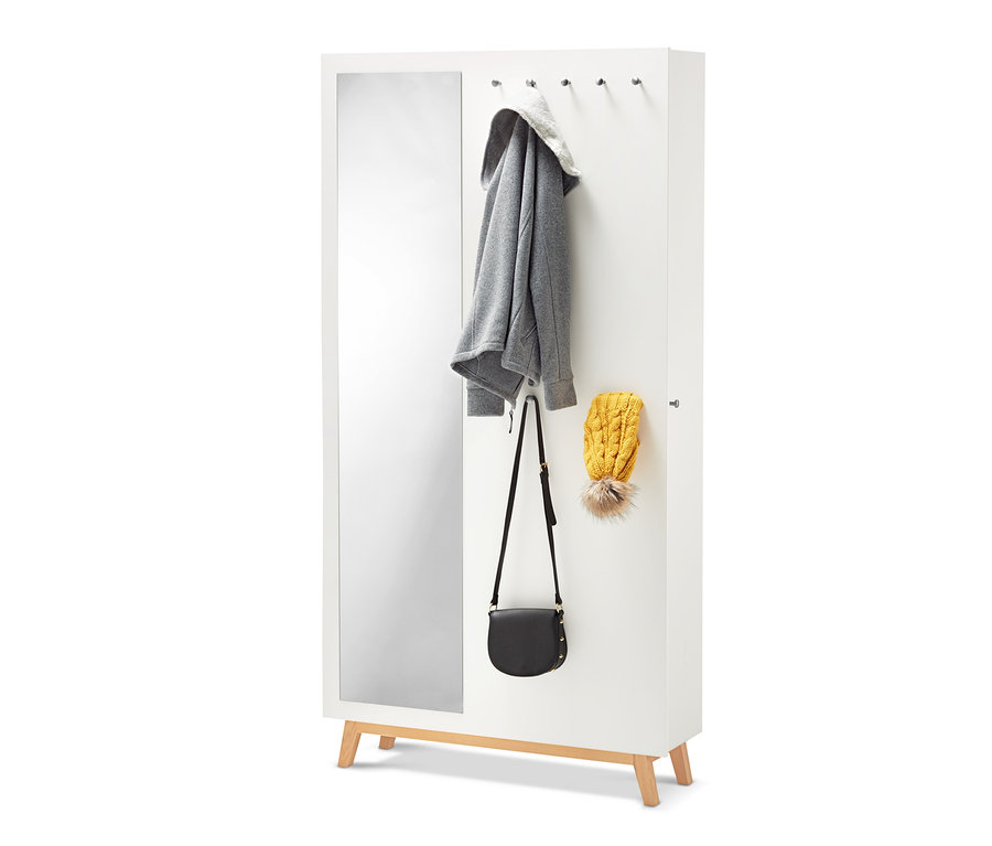 Weißer multifunktionaler Flurschrank mit Spiegel, Jacke, Handtasche und Mütze.
