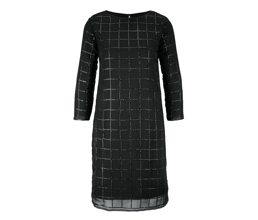 Schwarzes, festliches Kleid mit Paillettenbesatz und Dreiviertelärmeln.