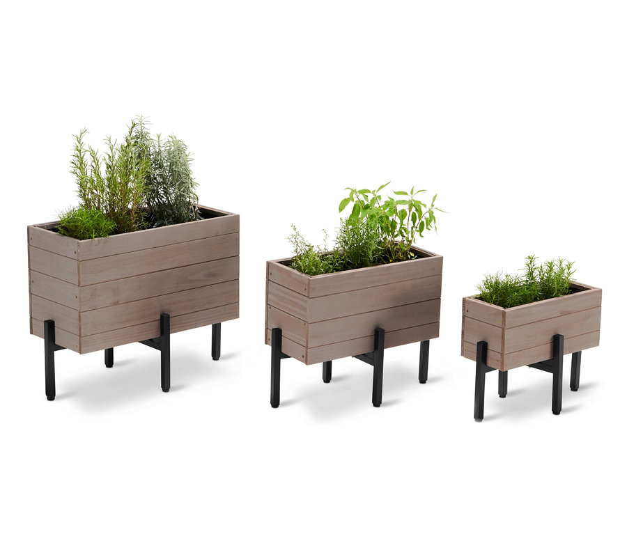 Drei Blumenkästen »JONTE« mit Pflanzen, nebeneinander auf einem weißen Hintergrund.