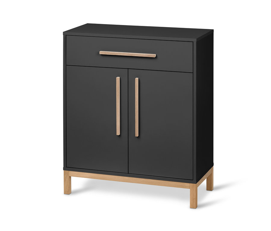 Anthrazitfarbenes Bad-Sideboard Eklund mit Türen, Schublade und Holzfüßen.