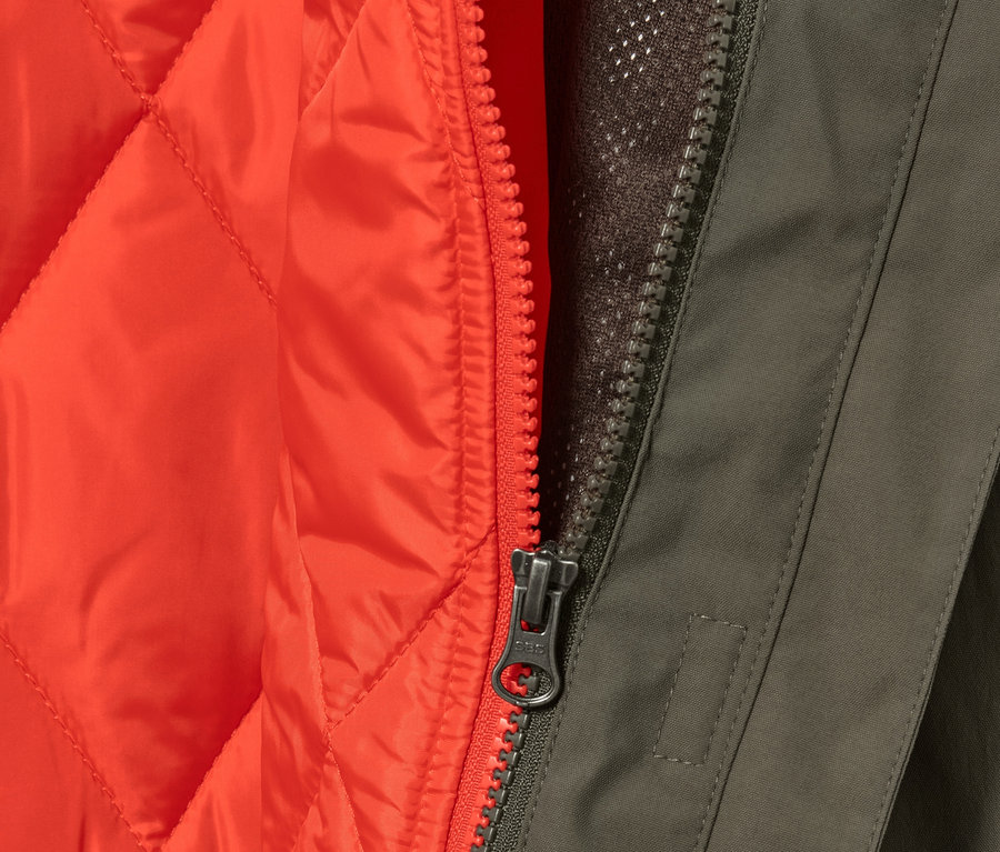 Detailansicht eines olivgrünen 3-in-1-Regenmantels mit orangefarbener Weste und Reißverschluss.
