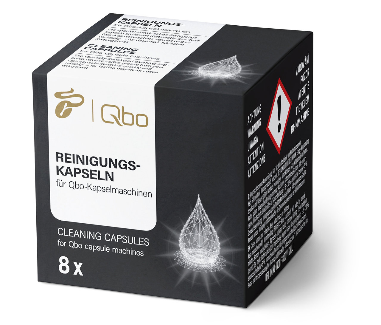 Schwarze Verpackung von Qbo Reinigungskapseln.