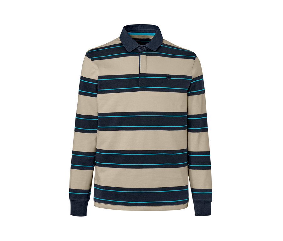 Langarm-Poloshirt mit beige- und dunkelblauen Streifen.