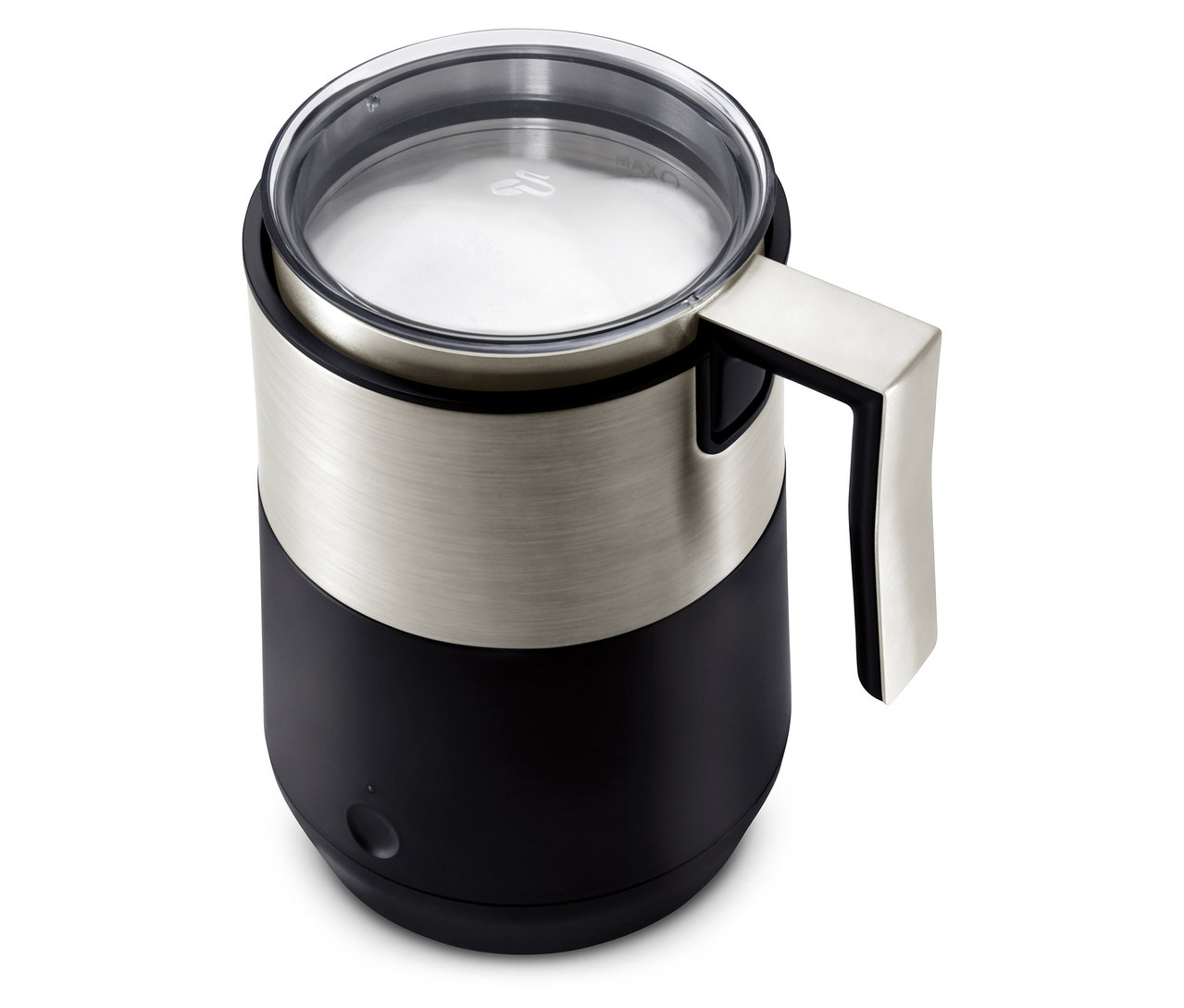 Ein schwarzer Induktions-Milchaufschäumer mit transparentem Deckel.