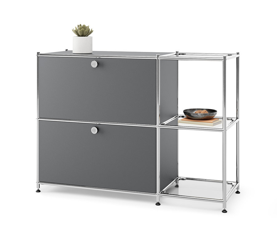 Graues Sideboard Metall »CN3« mit 2 Klappenfächern und Topfpflanze.