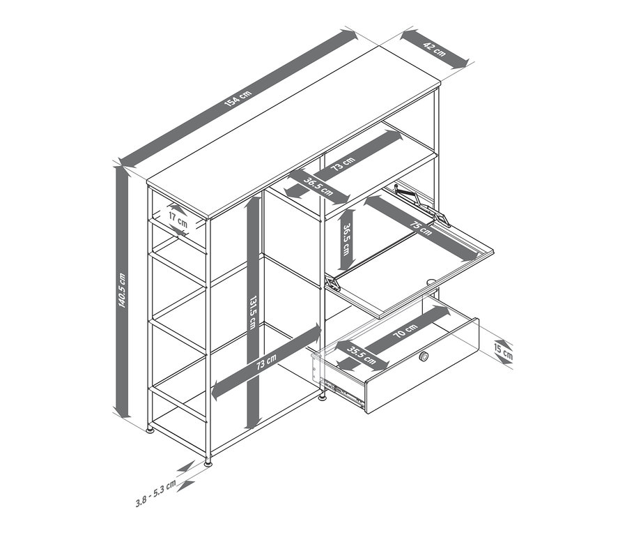 Weiße Kommode Metall »CN3« mit Holzplatte, 1 Kleiderstange, 1 Klappenfach und 3 Schubladen.