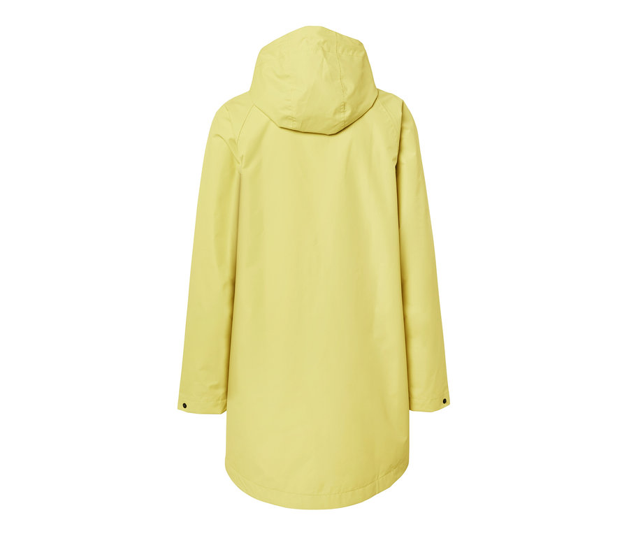 Rückansicht einer gelben Regenjacke mit Kapuze.