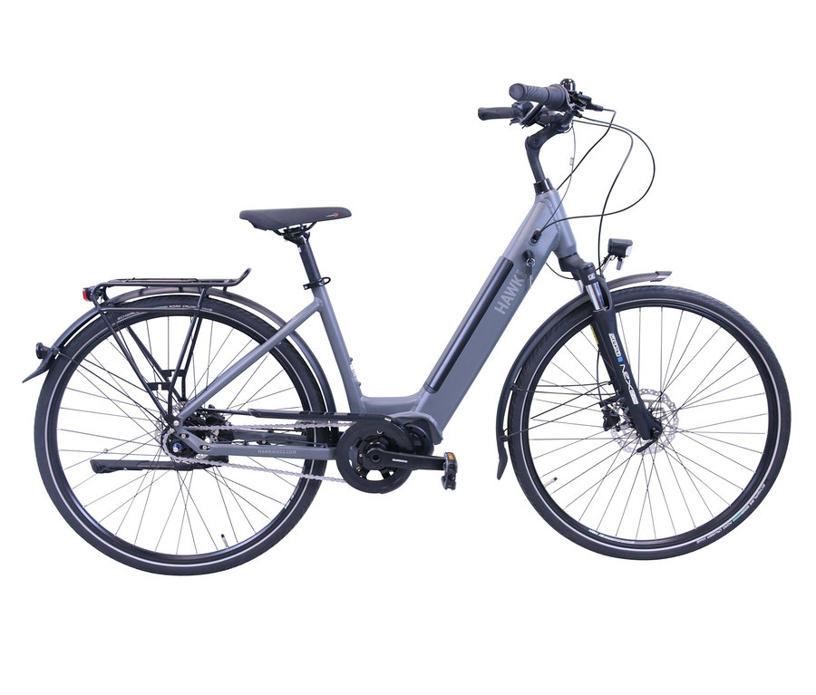 Graues HAWK Bikes E-Bike Damen »eCity Wave Integrated Lady STEPS« mit 28 Zoll und 44-cm-Rahmen.