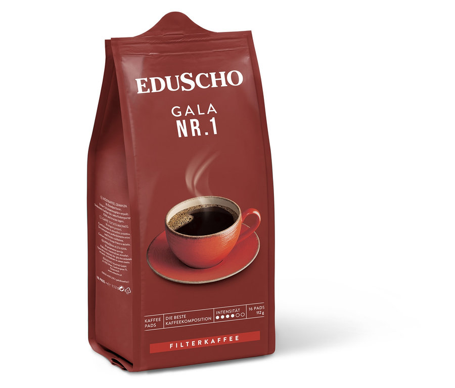 Eine braune Packung Eduscho Gala Nr. 1 mit einem Bild einer Tasse Kaffee.