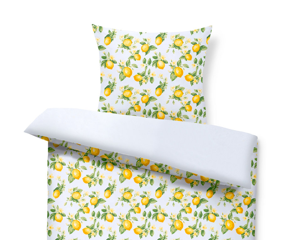 Ein Bettwäsche-Set mit Zitronenmuster und weißem Futter. Erhältlich in den Größen Renforcé-Bettwäsche, Normalgröße, Renforcé-Bettwäsche, Übergröße und Renforcé-Bettwäsche, Doppelgröße.