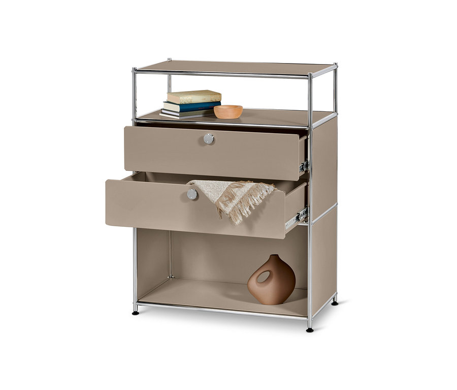Kommode Metall »CN3« mit 2 Schubladen, taupe, wobei eine Schublade offen ist und ein beiges Tuch enthält.