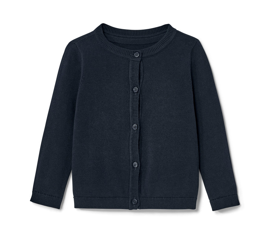 Blaue Kinder-Strickjacke mit Knöpfen.