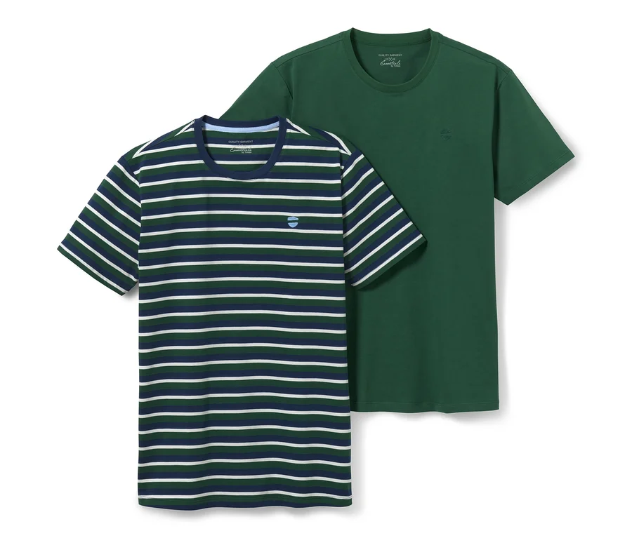 Zwei T-Shirts mit Rundhalsausschnitt: ein grünes und ein blau-weiß gestreiftes.