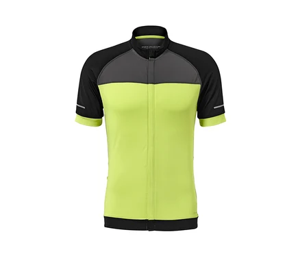 Grünes Fahrrad-Trikot mit schwarzen Ärmeln und grauer Schulterpartie.